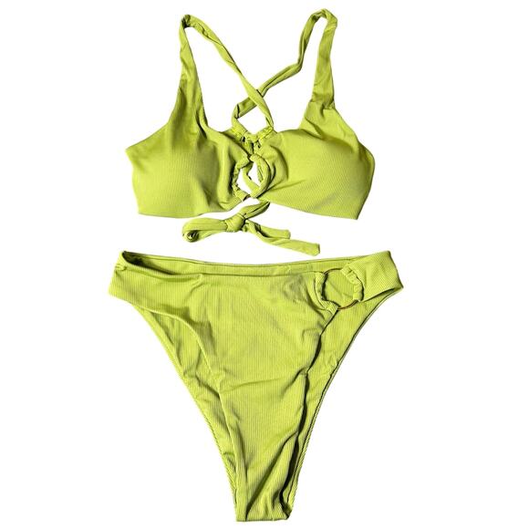 Womens Juniors Swimsuit XL Lime Green Front Keyhole Ring Ribbed 2 Piece NEW‎ - Picture 1 of 12
